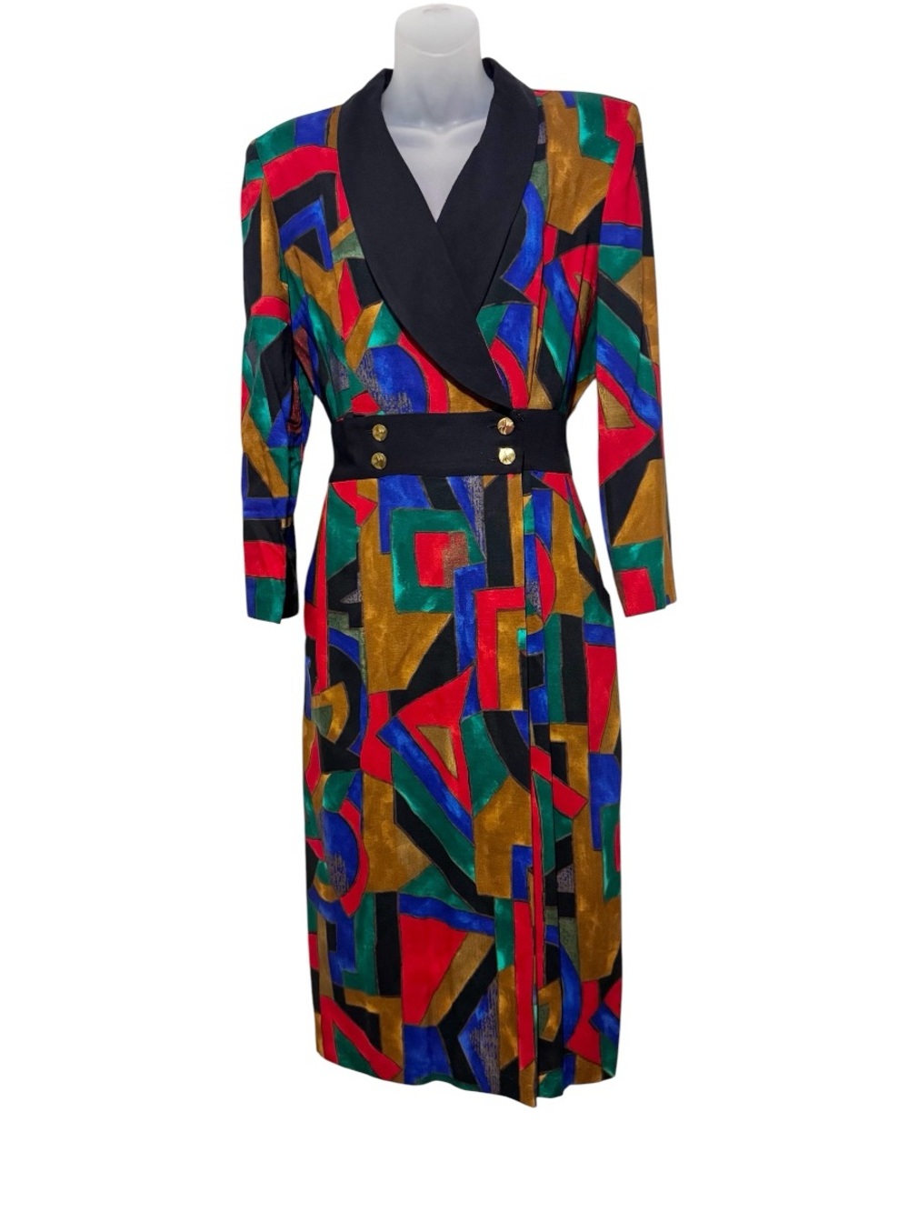 Vintage-Inspired Multicolor Geometric Midi Dress with Black Waistband